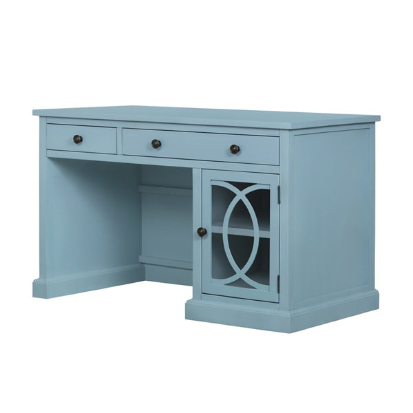 English Elm 50x26x31" Solid Acacia Writing Desk with Glass Cabinet Door Bold Painted Finish Blue W2078P175450