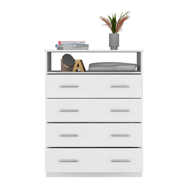 English Elm Peru Four Drawer Dresser with Superior Top and Open Shelf, Sturdy Particle Board, Modern Hardware White 47.2 L x 21.7 W x 4.7 H B070S00155
