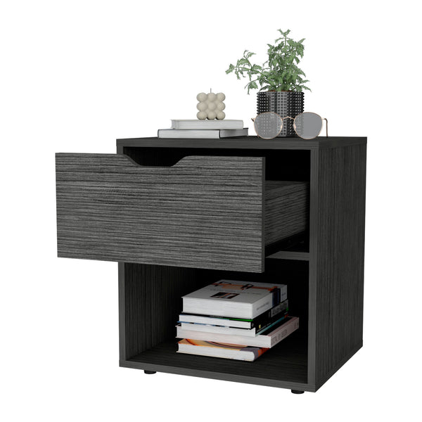 English Elm Light Gray Sleek Nightstand with Drawer and Open Shelf, Durable Manufactured Wood Accent for Bedroom Elegance and Storage B062P175059