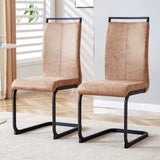 Set of 2 High Back Upholstered Dining Chairs with Black Metal Legs, Brown