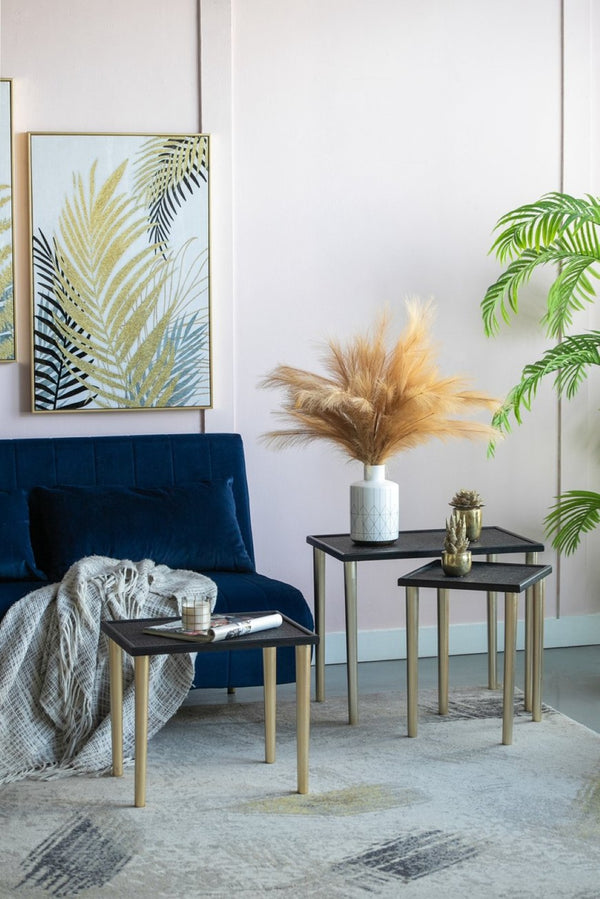 English Elm Set of 3 Rattan Nesting Tables with Gold Legs Bohemian Modern Living Room Accent W2078P175317