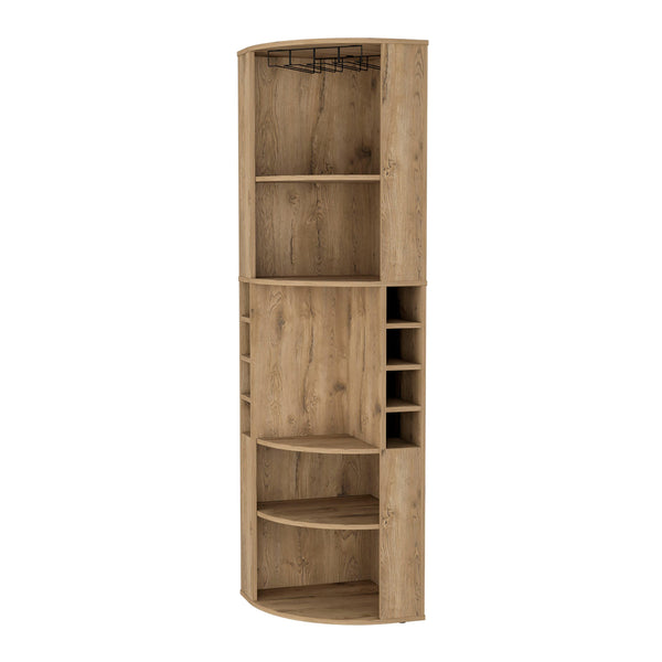 English Elm Macadamia Elegant Corner Bar Cabinet with 5 Shelves, 8 Wine Holders & Glass Hanger — Chic Entertaining B062S00364