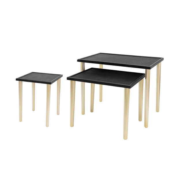 English Elm Set of 3 Rattan Nesting Tables with Gold Legs Bohemian Modern Living Room Accent W2078P175317