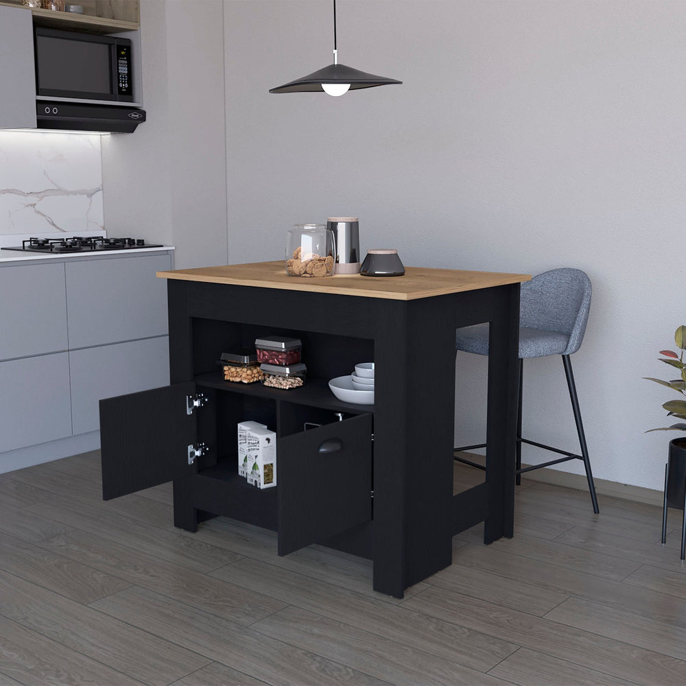 English Elm Wenge Two-Door Kitchen Island with 3 Shelves, Elegant Wenge Finish, Ample Storage & Display Space B062P175038