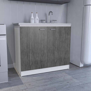 English Elm Napoles Utility Sink Cabinet With Stainless Steel Basin, Double Doors & Stylish Smokey Oak Finish B200S00147