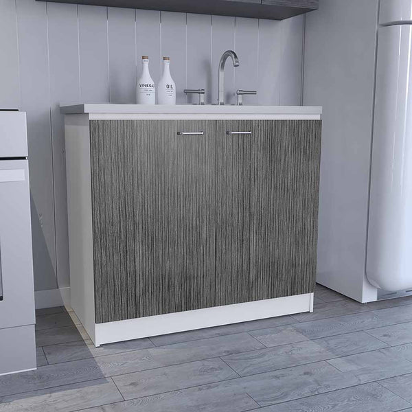 English Elm Napoles Utility Sink Cabinet With Stainless Steel Basin, Double Doors & Stylish Smokey Oak Finish B200S00147