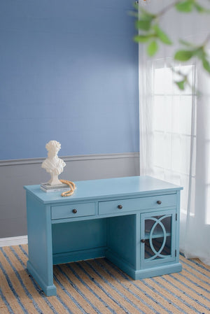 English Elm 50x26x31" Solid Acacia Writing Desk with Glass Cabinet Door Bold Painted Finish Blue W2078P175450