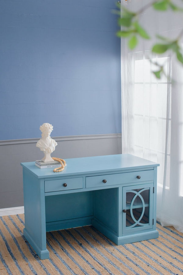 English Elm 50x26x31" Solid Acacia Writing Desk with Glass Cabinet Door Bold Painted Finish Blue W2078P175450