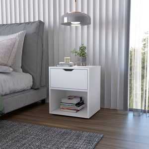 English Elm White Elegant Drawer Nightstand — Sleek White Bedside Table with Drawer & Open Shelf for Stylish Storage B062P175058