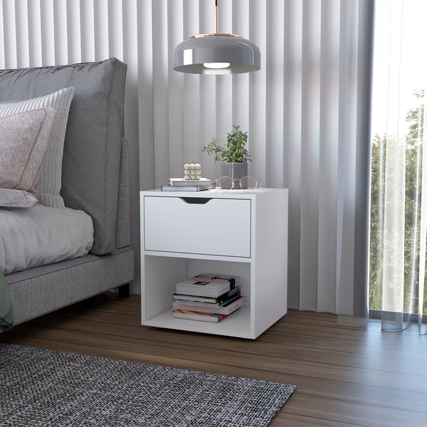 English Elm White Elegant Drawer Nightstand — Sleek White Bedside Table with Drawer & Open Shelf for Stylish Storage B062P175058