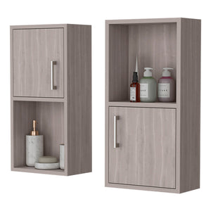 English Elm White Oak Twin Bathroom Medicine Cabinets with Open Shelf, White Oak Finish, Discreet Handles, Compact Storage B062P175074