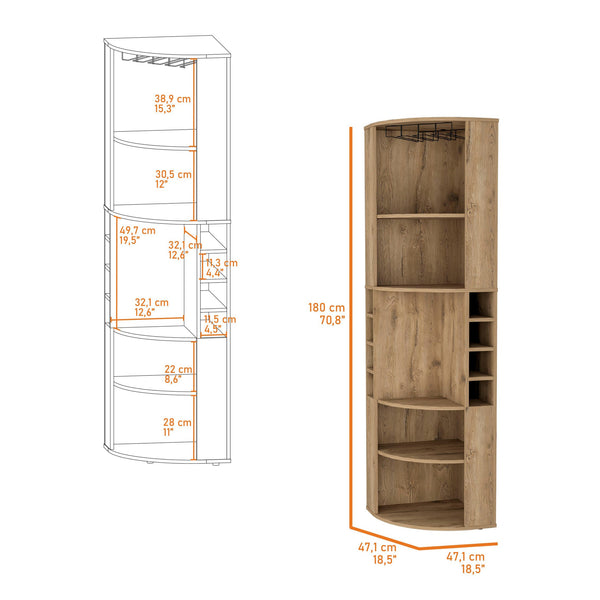English Elm Macadamia Elegant Corner Bar Cabinet with 5 Shelves, 8 Wine Holders & Glass Hanger — Chic Entertaining B062S00364