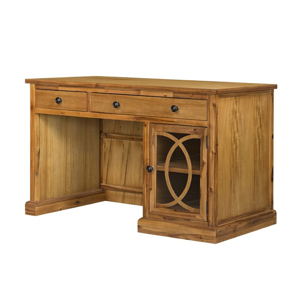 English Elm 50x26x31" Solid Acacia Writing Desk with Glass Cabinet Door Bold Painted Finish Natural Wood+Brown W2078P175452