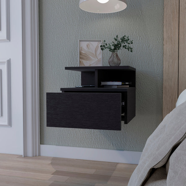 English Elm Mason Wenge 1-Drawer Floating Nightstand with 2-Tier Shelf, Wall-Mount Storage & Easy Setup - Sleek Bedroom Organizer B062P175086