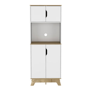 English Elm Pamplona Microwave Tall Cabinet with 30" Countertop, Double Door Storage, Light Oak & White Finish - Space-Saving Kitchen Organizer B070S00149