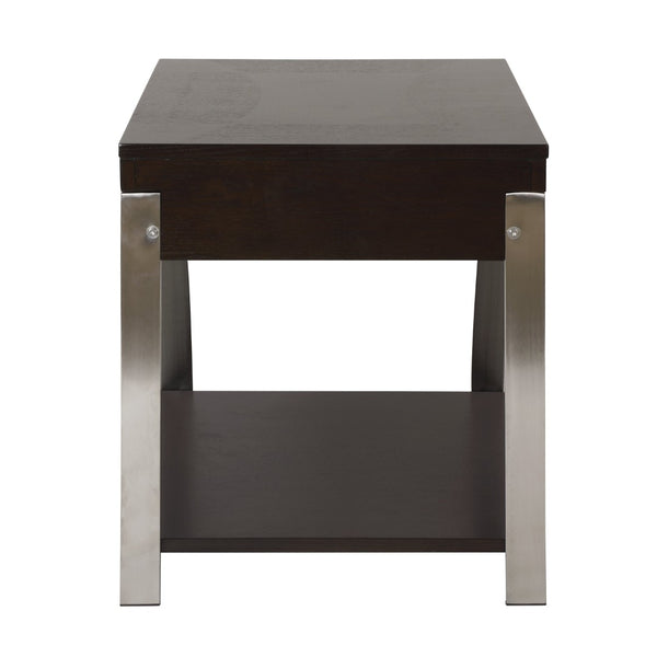 English Elm Modern Espresso Wood Side Table with Chrome Legs Open Shelf and Pull Out Drawer B011P175371
