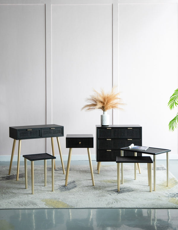 English Elm Set of 3 Rattan Nesting Tables with Gold Legs Bohemian Modern Living Room Accent W2078P175317