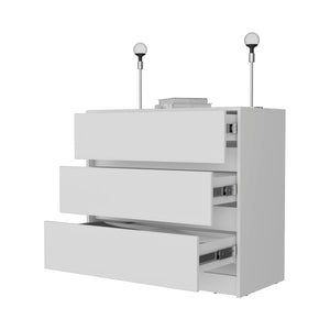 English Elm White 3-Drawer Dresser with Sleek White Finish, Spacious Storage & Chic Top Display for Any Room B062P175075