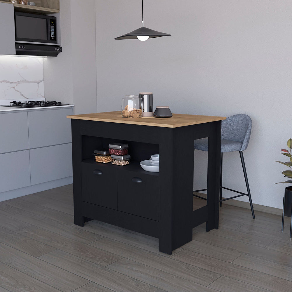 English Elm Wenge Two-Door Kitchen Island with 3 Shelves, Elegant Wenge Finish, Ample Storage & Display Space B062P175038