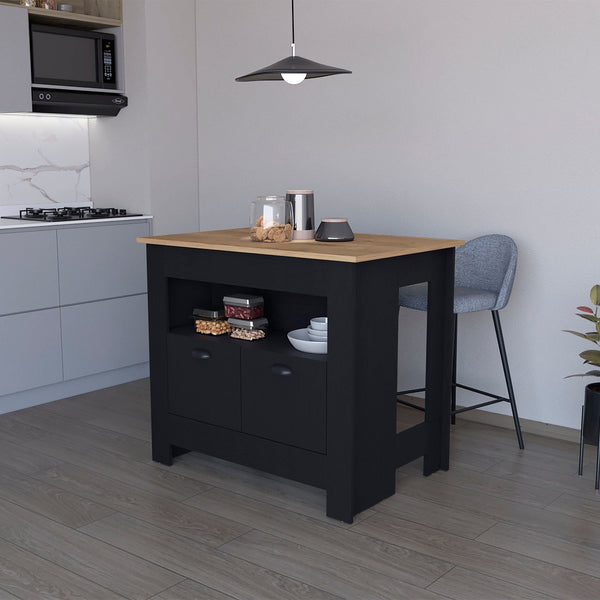 English Elm Wenge Two-Door Kitchen Island with 3 Shelves, Elegant Wenge Finish, Ample Storage & Display Space B062P175038