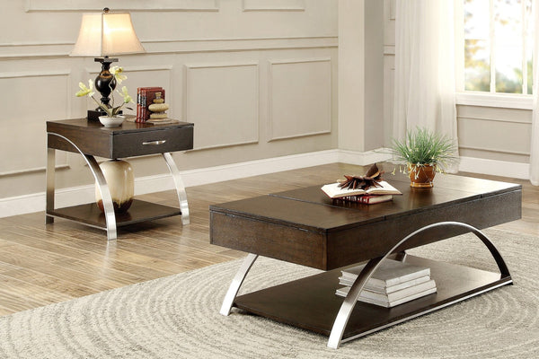 English Elm Modern Espresso Wood Side Table with Chrome Legs Open Shelf and Pull Out Drawer B011P175371