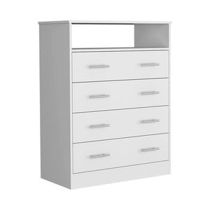 English Elm Peru Four Drawer Dresser with Superior Top and Open Shelf, Durable Particle Board, Metal Hardware White 47.2 L x 21.7 W x 4.7 H B200S00155