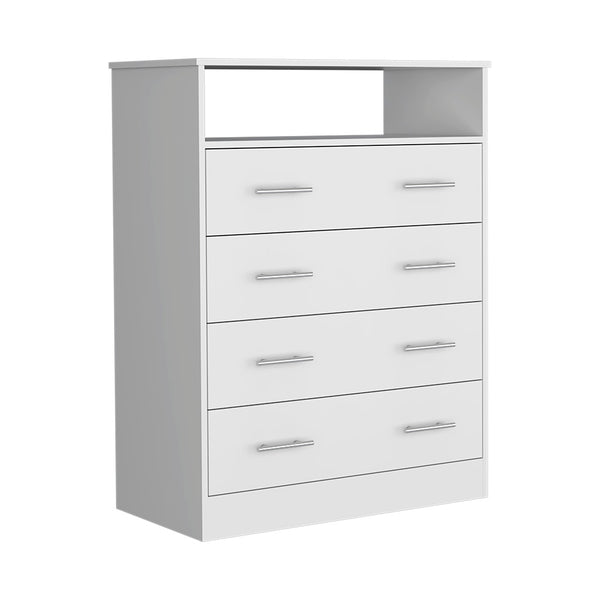 English Elm Peru Four Drawer Dresser with Superior Top and Open Shelf, Durable Particle Board, Metal Hardware White 47.2 L x 21.7 W x 4.7 H B200S00155