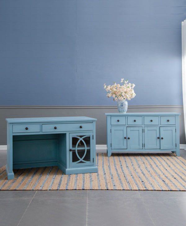 English Elm 50x26x31" Solid Acacia Writing Desk with Glass Cabinet Door Bold Painted Finish Blue W2078P175450