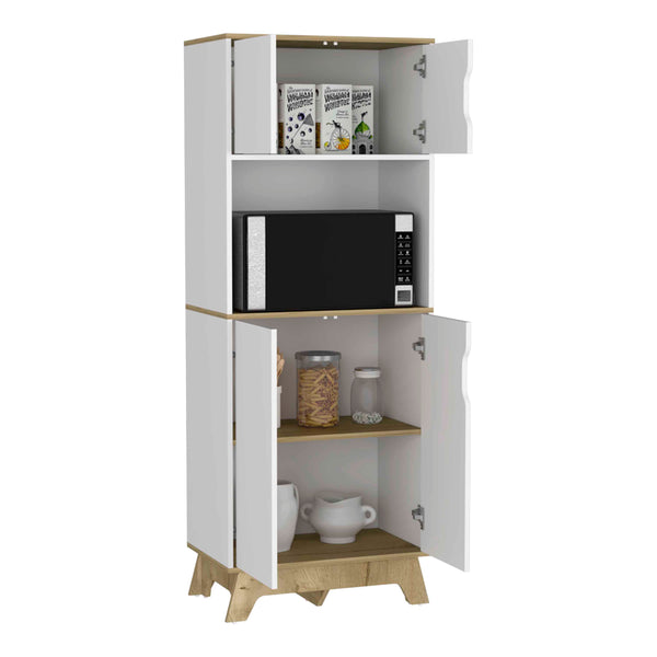 English Elm Pamplona Microwave Tall Cabinet with 30" Countertop, Double Door Storage, Light Oak & White Finish - Space-Saving Kitchen Organizer B070S00149