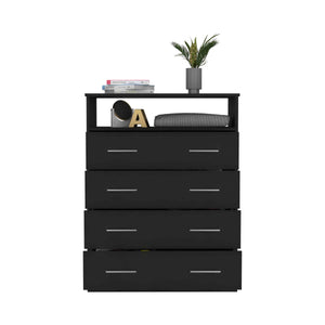 English Elm Peru Four Drawer Dresser with Superior Top and Open Shelf, Durable Particle Board, Metal Hardware Black 47.2 L x 21.7 W x 4.7 H B200S00154