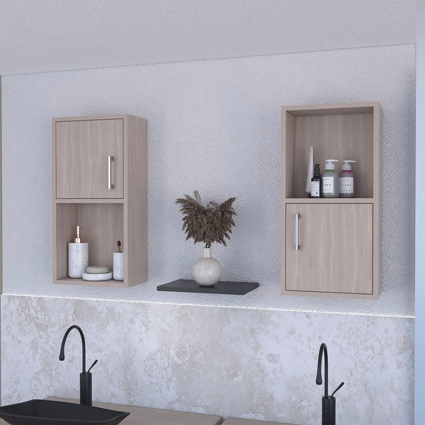 English Elm White Oak Twin Bathroom Medicine Cabinets with Open Shelf, White Oak Finish, Discreet Handles, Compact Storage B062P175074