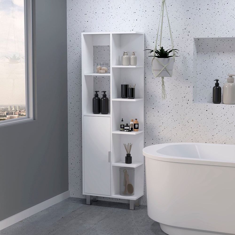 English Elm White 9-Shelf Linen Cabinet – Tall Bathroom Storage Cupboard with 9 Adjustable Shelves, Slim 63" Profile, Crisp White Finish for Towels & Toiletries Organizing Elegance B062P175040