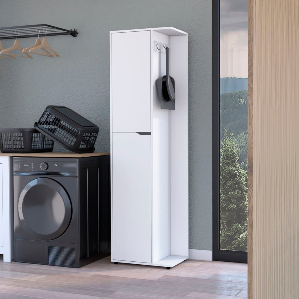 English Elm White Broom Cabinet 2-Door with Fixed Shelves, Tall 71.3" Organizer for Mops, Cleaning Supplies, Durable White Finish B062S00369