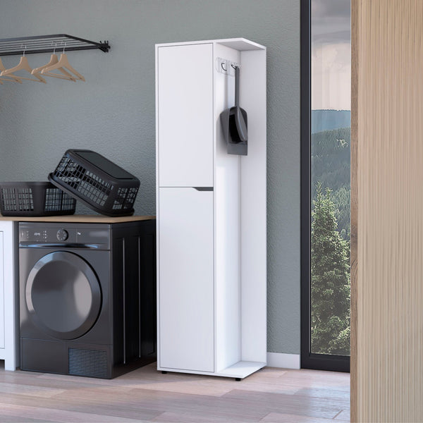 English Elm White Broom Cabinet 2-Door with Fixed Shelves, Tall 71.3" Organizer for Mops, Cleaning Supplies, Durable White Finish B062S00369