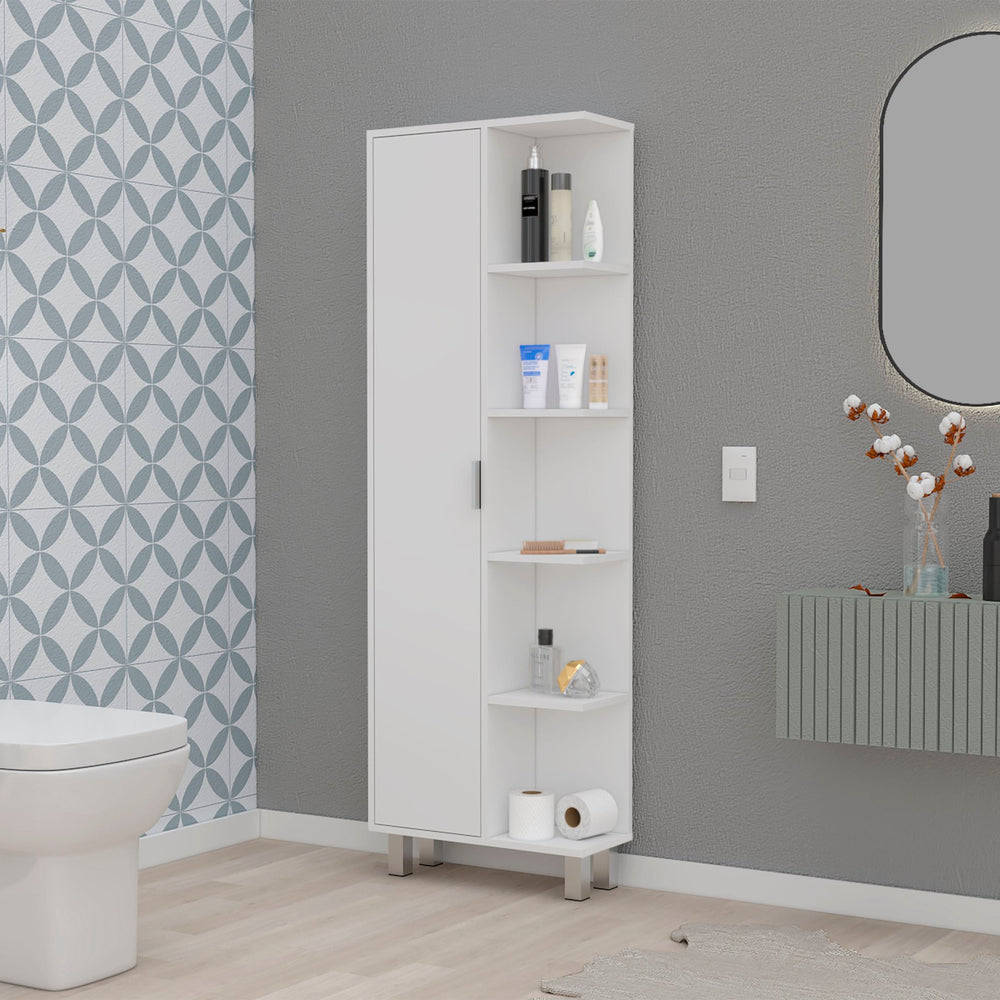 English Elm White 1-Door Linen Cabinet with 9 Shelves, 62.9" Tall White Bathroom Storage Organizer, Elegant B062P175039