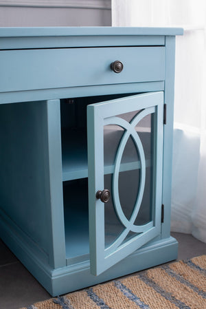 English Elm 50x26x31" Solid Acacia Writing Desk with Glass Cabinet Door Bold Painted Finish Blue W2078P175450