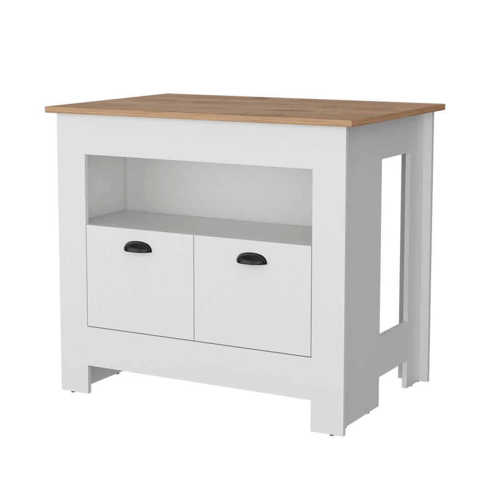 English Elm White 2-Door Kitchen Island with 3 Shelves, Top Display Shelf, Spacious Storage & Elegant White Finish B062P175037