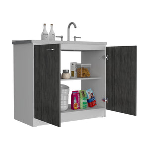 English Elm Napoles Utility Sink Cabinet With Stainless Steel Basin, Double Doors & Stylish Smokey Oak Finish B200S00147