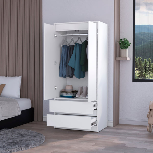 English Elm White 2-Drawer Armoire Elegant White Storage Wardrobe with Hanging Rod, Wide Doors & Deep Drawers B062S00372