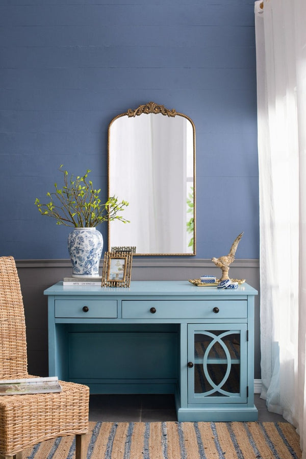 English Elm 50x26x31" Solid Acacia Writing Desk with Glass Cabinet Door Bold Painted Finish Blue W2078P175450