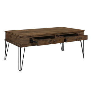 English Elm Rustic Oak Solid Wood Cocktail Table with Hairpin Legs and Two Storage Drawers B011P175332