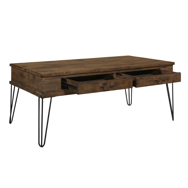English Elm Rustic Oak Solid Wood Cocktail Table with Hairpin Legs and Two Storage Drawers B011P175332