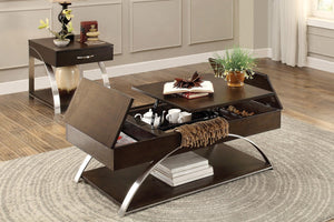 English Elm Modern Lift Top Coffee Table Oak Veneer Espresso Finish Chrome Base Hidden Storage B011P175369