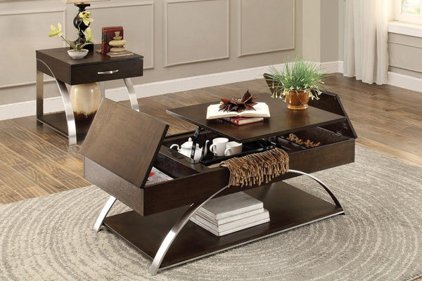 English Elm Modern Lift Top Coffee Table Oak Veneer Espresso Finish Chrome Base Hidden Storage B011P175369