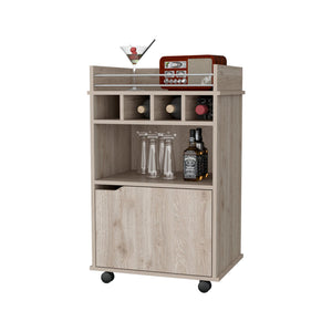 English Elm Macadamia 1-Door Bar Cart with Wheels, Engineered Wood Storage, 4 Bottle Holders & Shelf — Stylish Mobility and Organization B062P175049