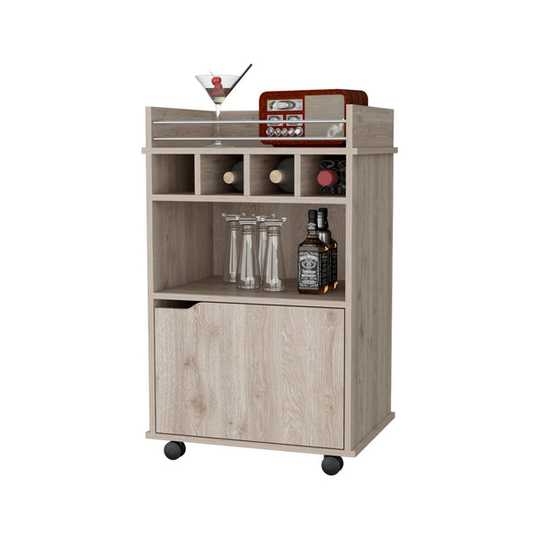 English Elm Macadamia 1-Door Bar Cart with Wheels, Engineered Wood Storage, 4 Bottle Holders & Shelf — Stylish Mobility and Organization B062P175049