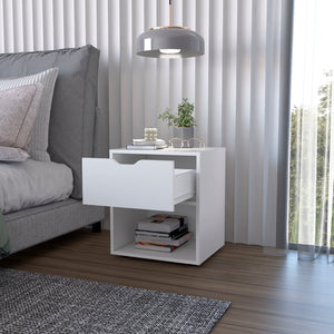 English Elm White Elegant Drawer Nightstand — Sleek White Bedside Table with Drawer & Open Shelf for Stylish Storage B062P175058