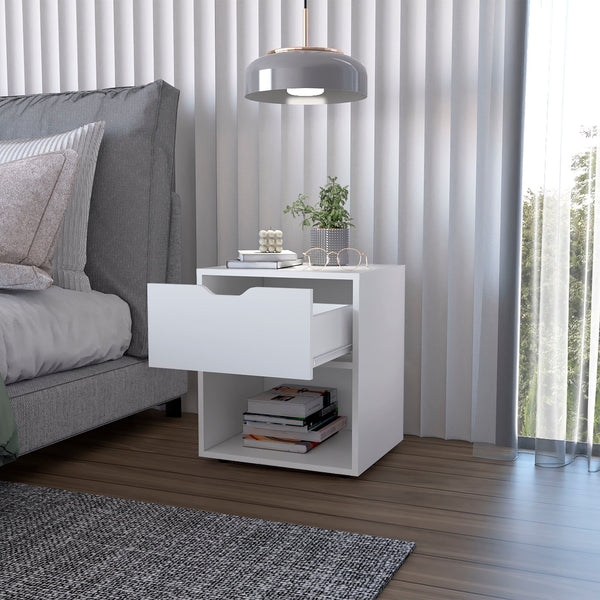 English Elm White Elegant Drawer Nightstand — Sleek White Bedside Table with Drawer & Open Shelf for Stylish Storage B062P175058
