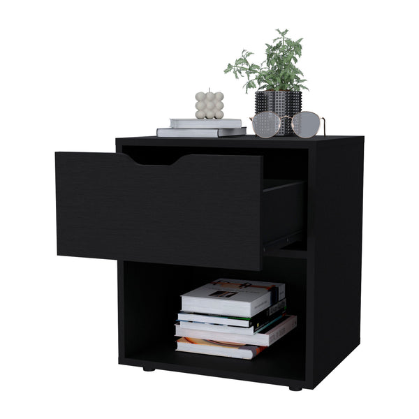 English Elm Wenge Nightstand with Drawer and Open Shelf — Sleek Manufactured Wood Bedside Table for Stylish Organization and Durable Elegance B062P175060