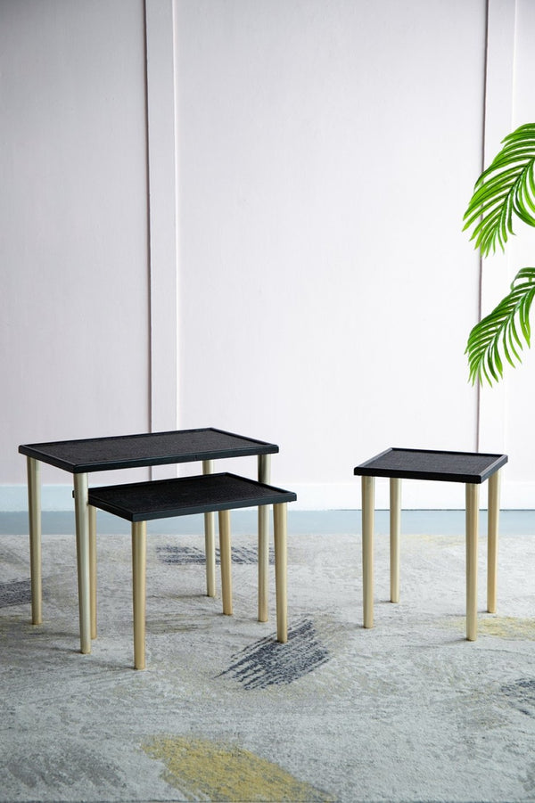 English Elm Set of 3 Rattan Nesting Tables with Gold Legs Bohemian Modern Living Room Accent W2078P175317